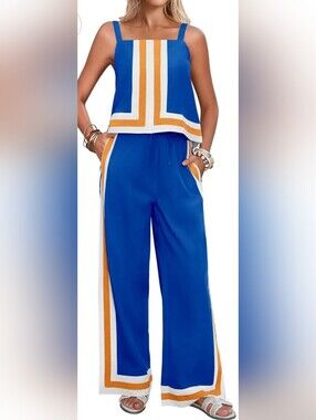 Blue Striped Wide-Leg Jumpsuit .Vacation Outfit